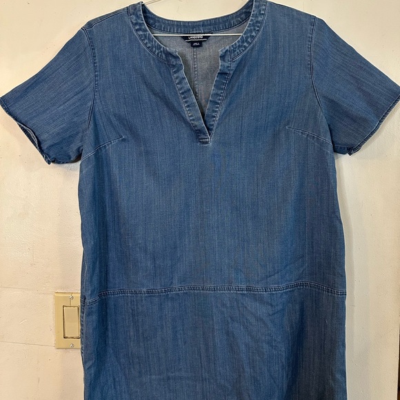Lands' End Dresses & Skirts - LANDS END Blue Chambray Denim V-Neck Black Women Pullover Shift Midi Dress 14